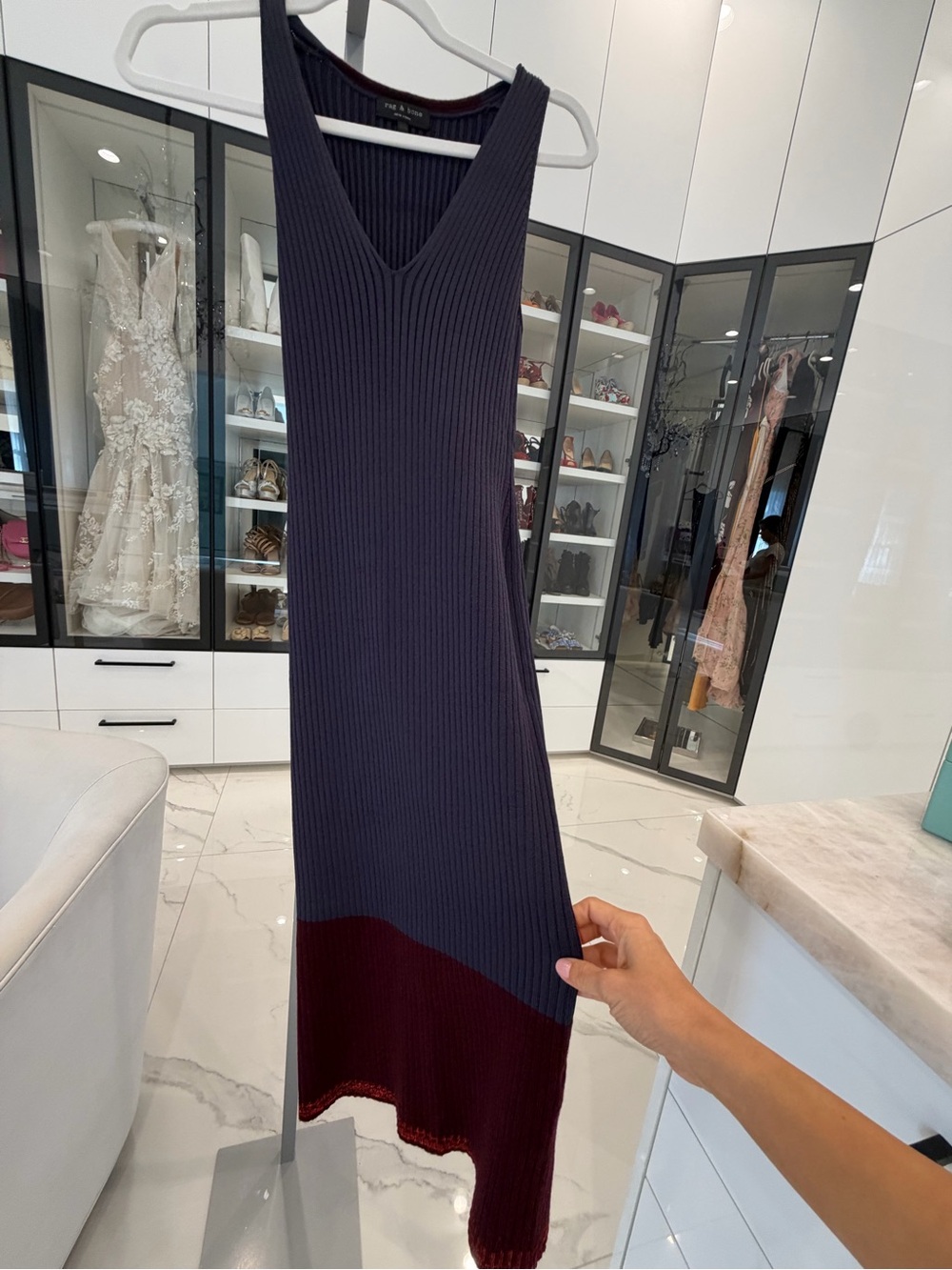 rag & bone Sleeveless Ribbed Midi Dress in Navy & Burgundy